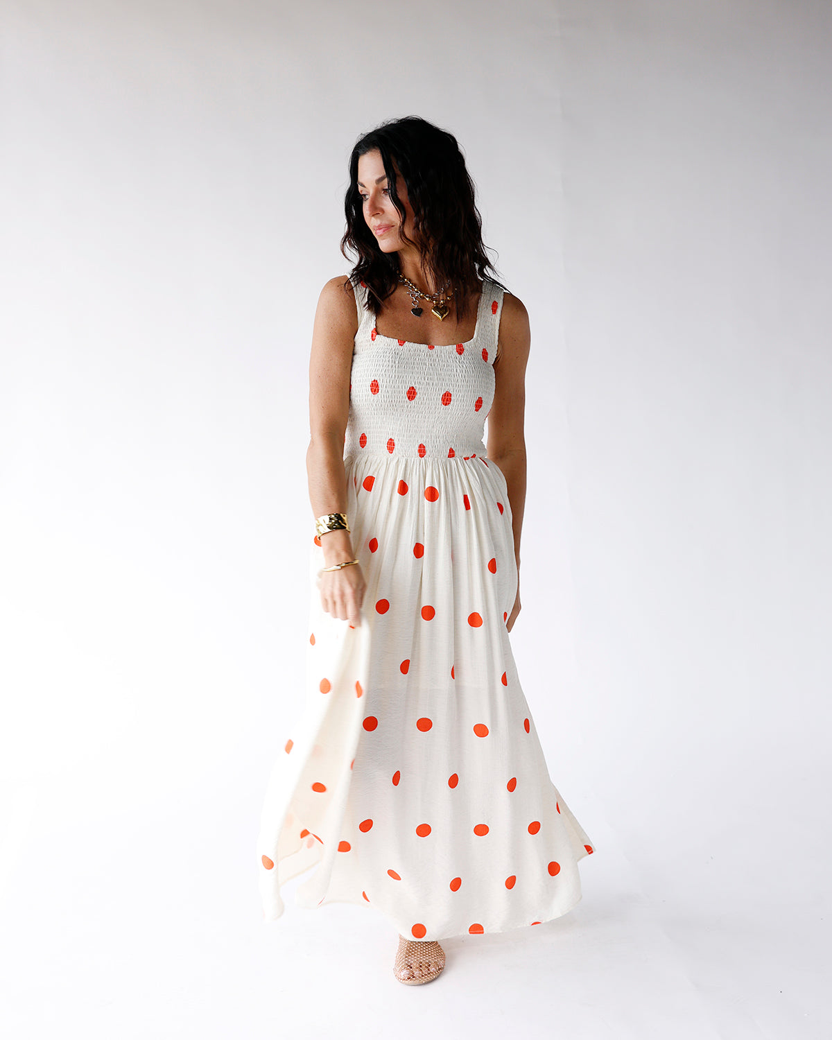 oatmeal and red all-over polka dot print smocked upper sleeveless maxi dress smocked maxi dress