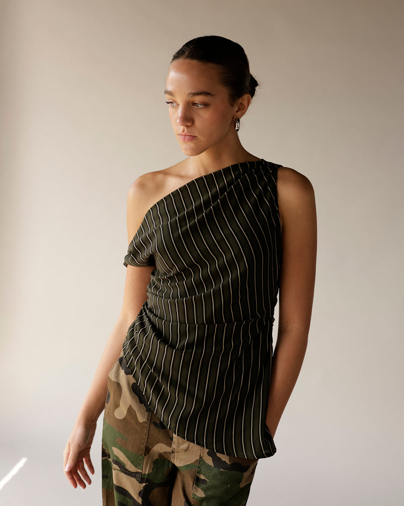 Women's dark olive pinstripe one-shoulder asymmetric top with ruched details