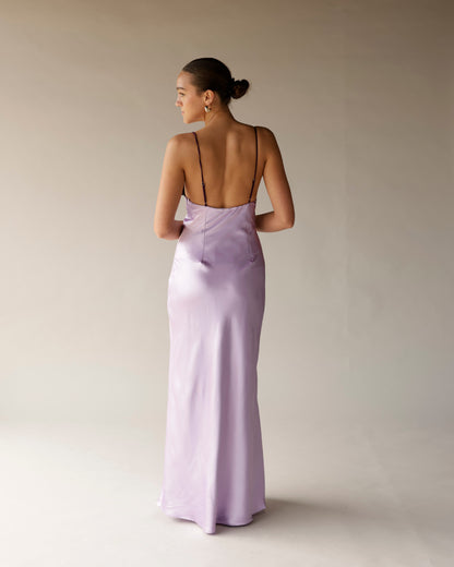 Lilac satin midi slip dress with thin straps and open low back