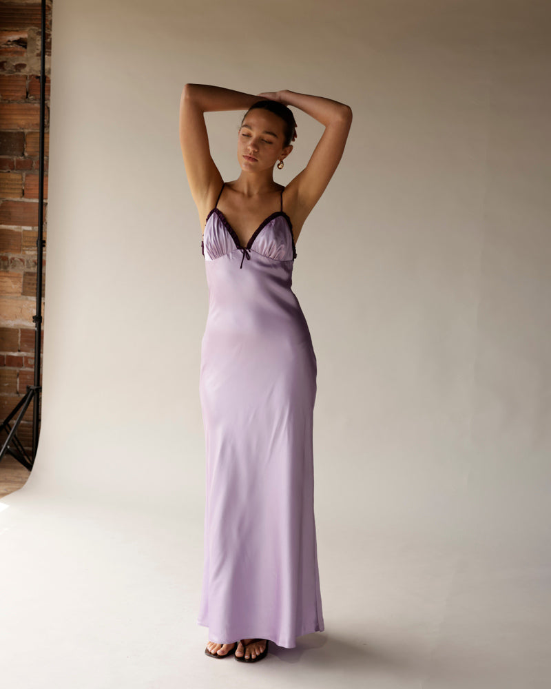 Lilac satin midi slip dress with dark lace trim and thin straps