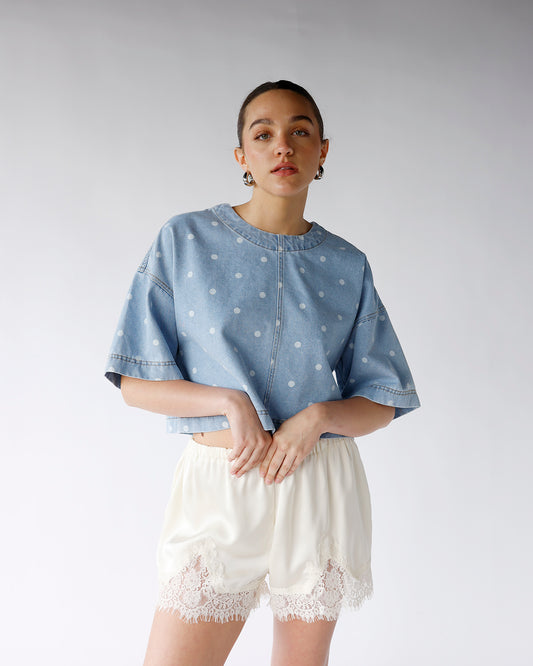 denim all-over white polka dot print short sleeve top denim and white polka dot print short sleeve dressy top