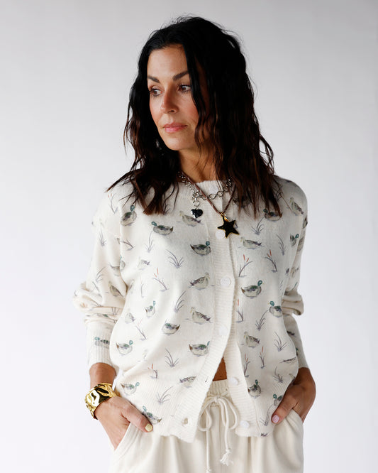 white duck printed cardigan sweater