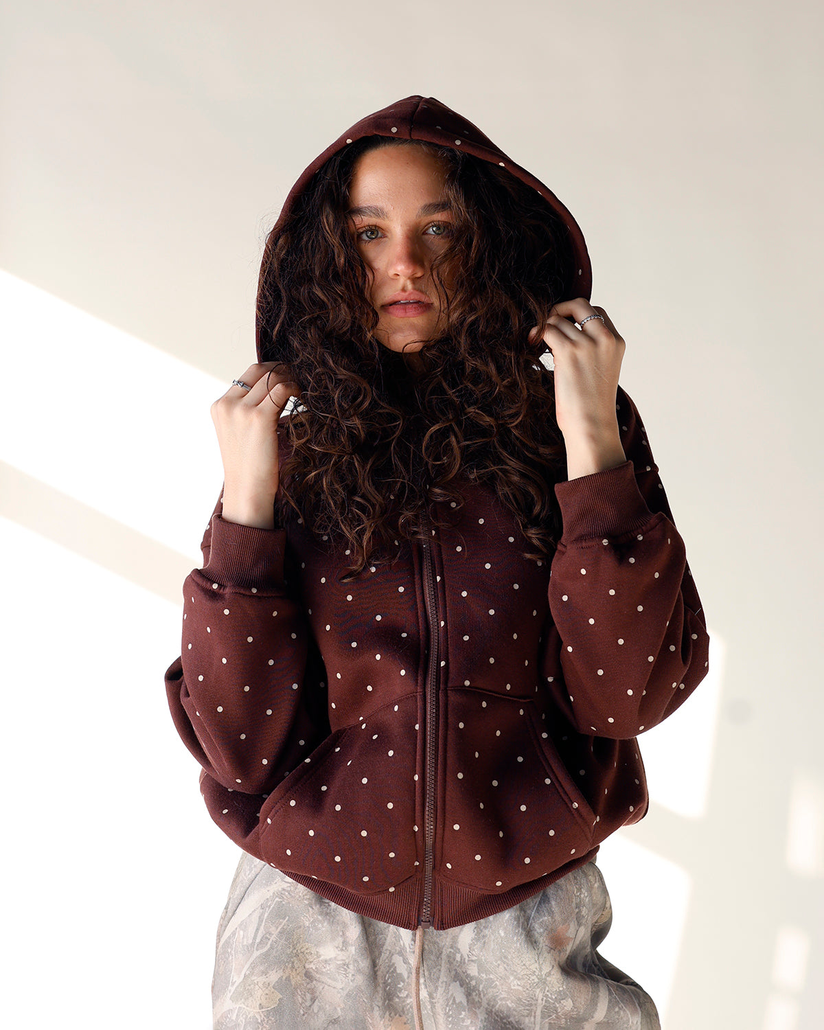 brown polka dot print zip up hoodie