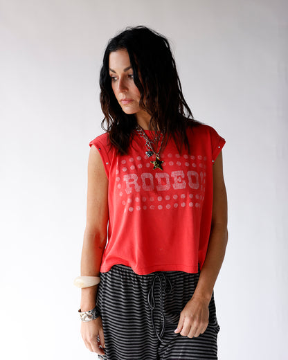 red graphic "rodeo" muscle tee with stud detailing on sleeve hems and neckline 