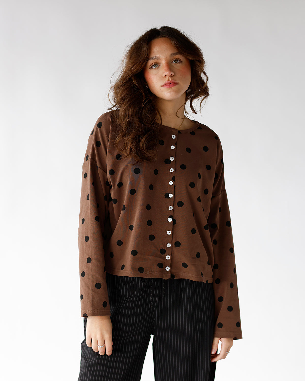 chic comfy stylish cardigan poka dot longsleeve easy cardigan top date night 