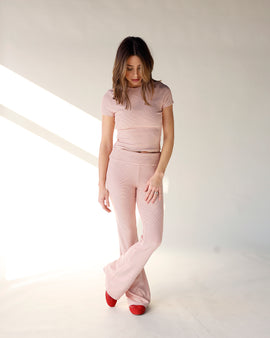 pink and white striped ribbed knit fold-over waist and flare lounge pants