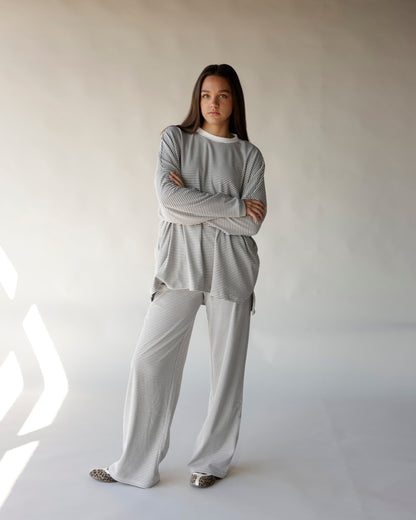 Purple haze striped wide-leg lounge pants in white and gray pinstripe