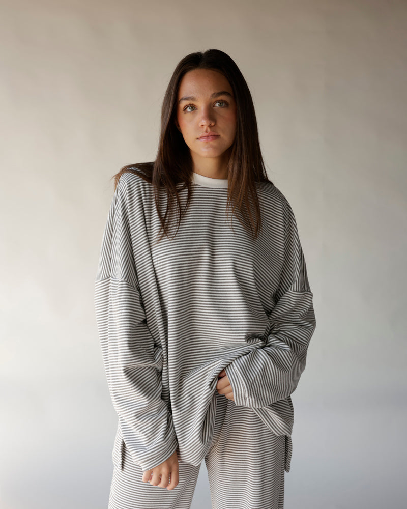 Gray and white striped oversized long-sleeve lounge top and matching pants set