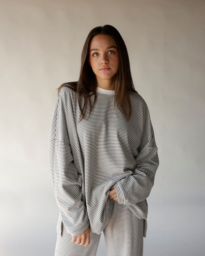 Gray and white striped oversized long-sleeve lounge top and matching pants set