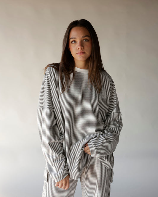 Gray and white striped oversized long-sleeve lounge top and matching pants set
