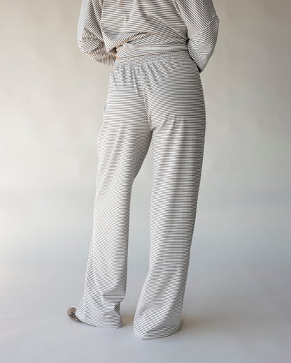 Gray and white striped wide-leg lounge pants with elastic waistband, back view
