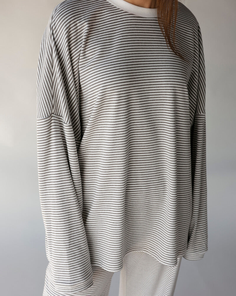 Oversized gray and white fine stripe long sleeve crew neck tee