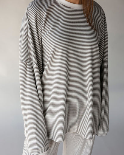 Oversized gray and white fine stripe long sleeve crew neck tee