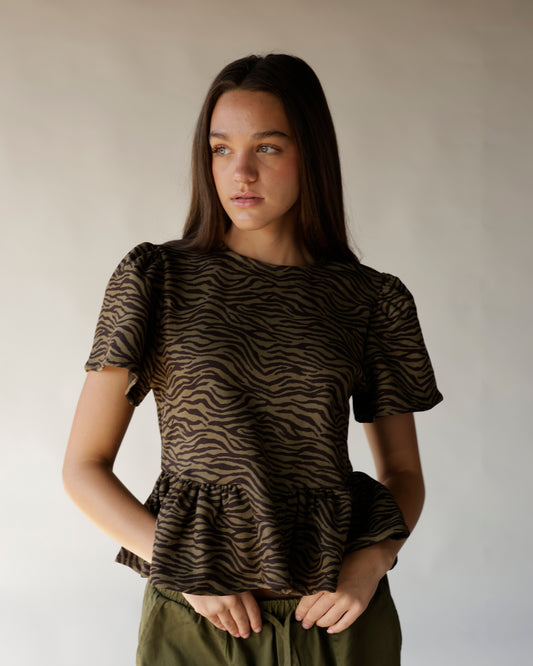 Brown and black zebra print short sleeve peplum top with ruffle hem