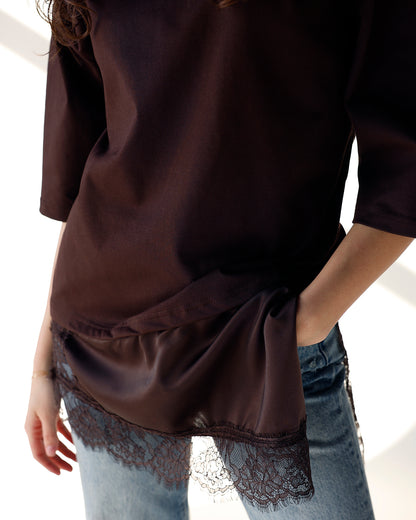 ESPRESSO ASYMMETRIC LACE TEE