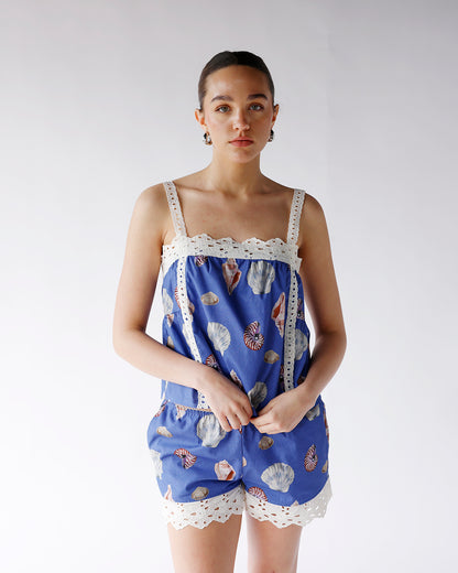 blue seashell print tank top with crochet lace straps and detailing
