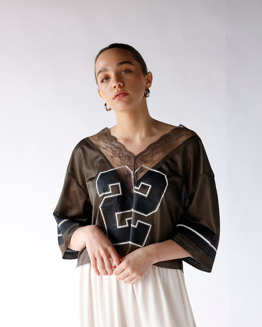 olive green lace v neck 22 jersey