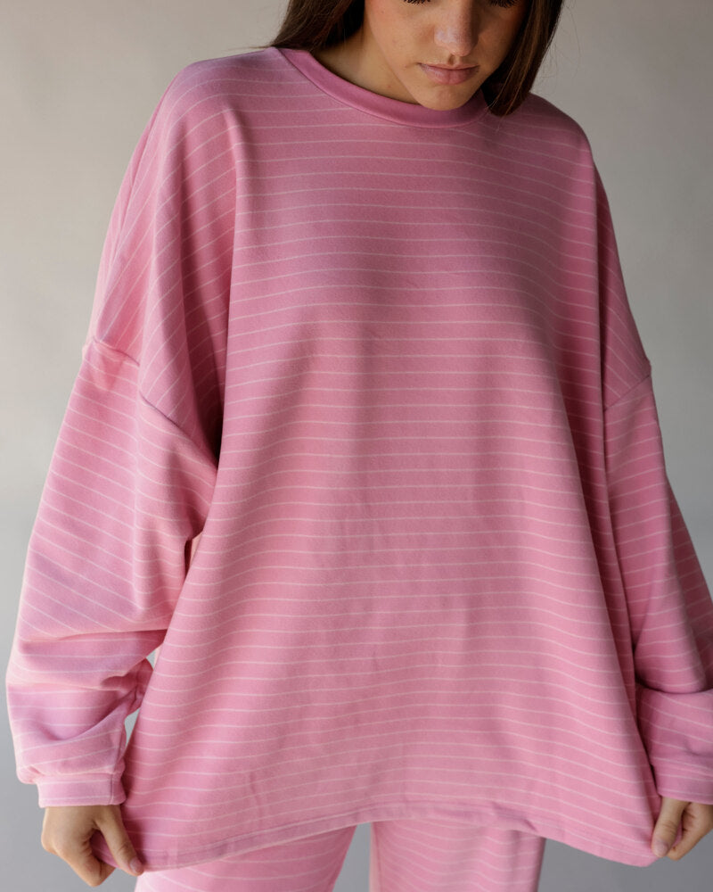 Oversized pink striped long sleeve crew neck tee with drop shoulders