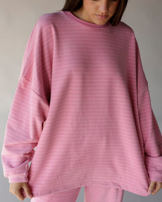 Oversized pink striped long sleeve crew neck tee with drop shoulders