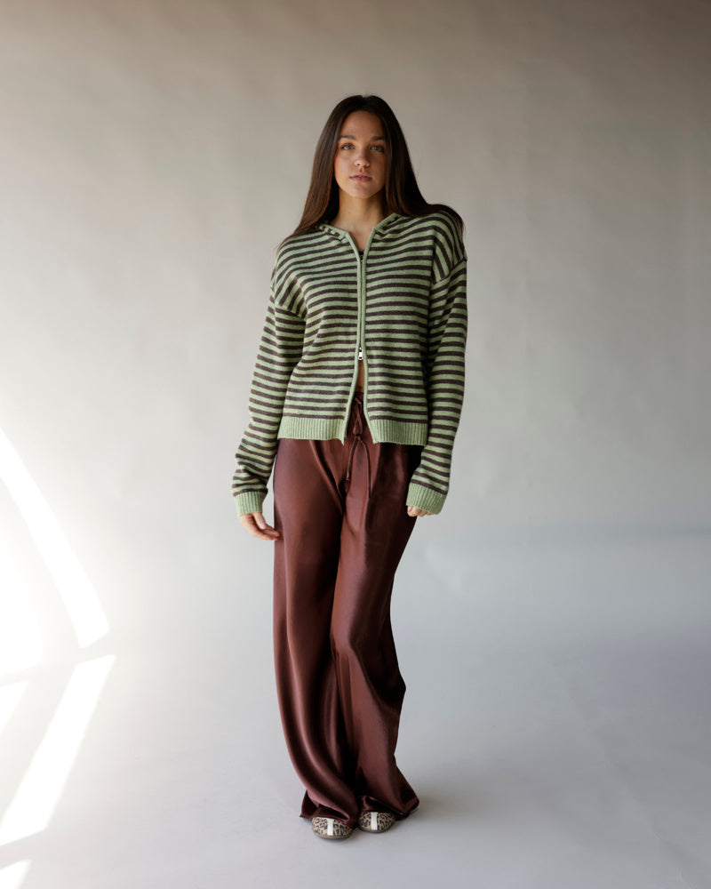 Striped zip-up knit hoodie in brown and olive green with long sleeves