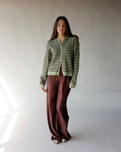 Striped zip-up knit hoodie in brown and olive green with long sleeves