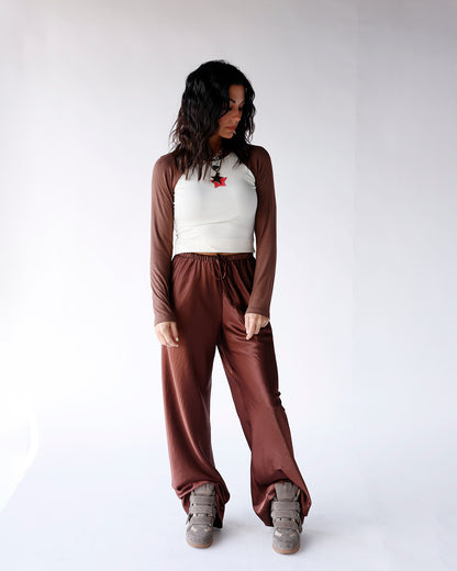 HIP CHOCOLATE SATIN WIDE LEG PANTS