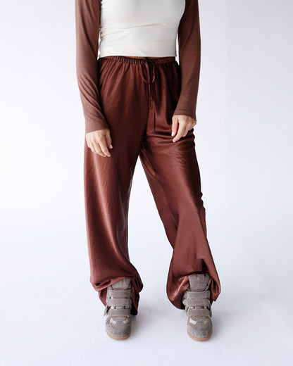 HIP CHOCOLATE SATIN WIDE LEG PANTS