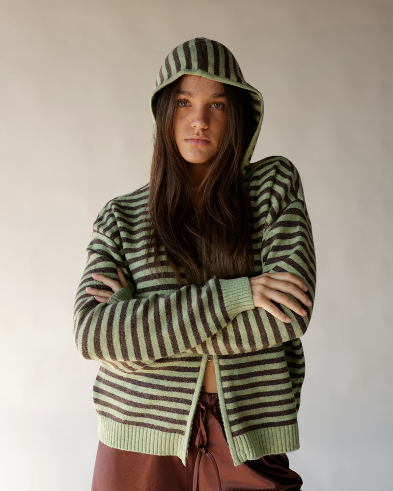 Brown and olive striped knit zip-up hoodie with long sleeves and ribbed cuffs