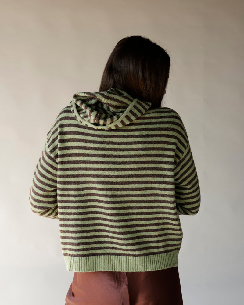 Brown and olive striped knit zip-up hoodie with ribbed hem, back view
