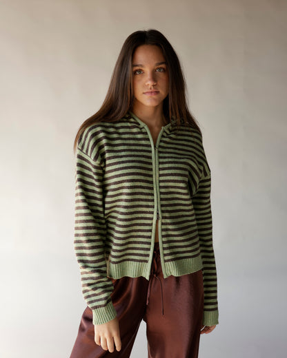 Brown and olive striped zip-up knit hoodie with ribbed cuffs and hem