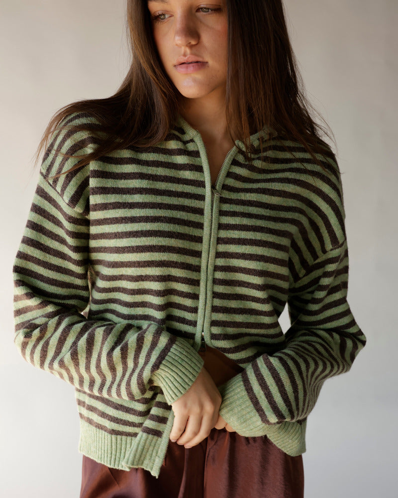 Brown and olive green striped zip-up hoodie with ribbed cuffs and hem