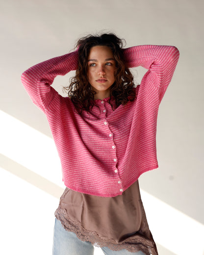 pink and white pinstripe button front cardigan women's cardigan