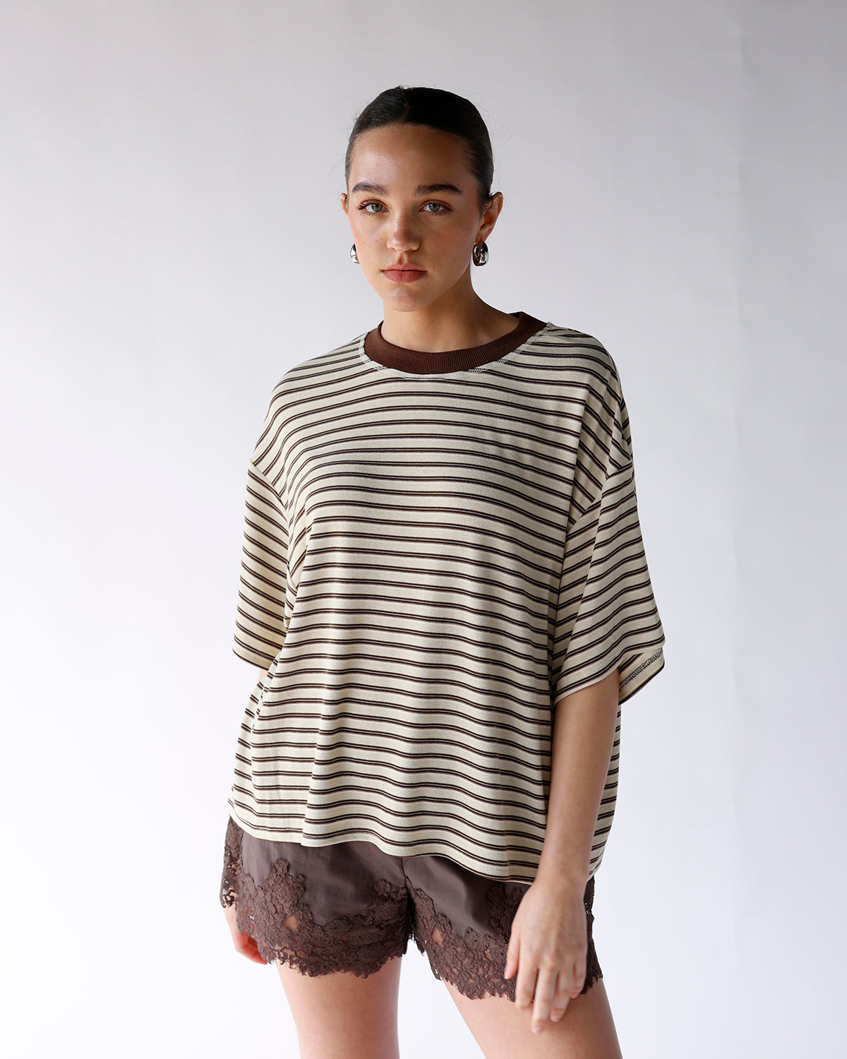 brown and yellow striped short sleeve tee