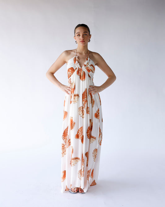 seashell print halter maxi dress