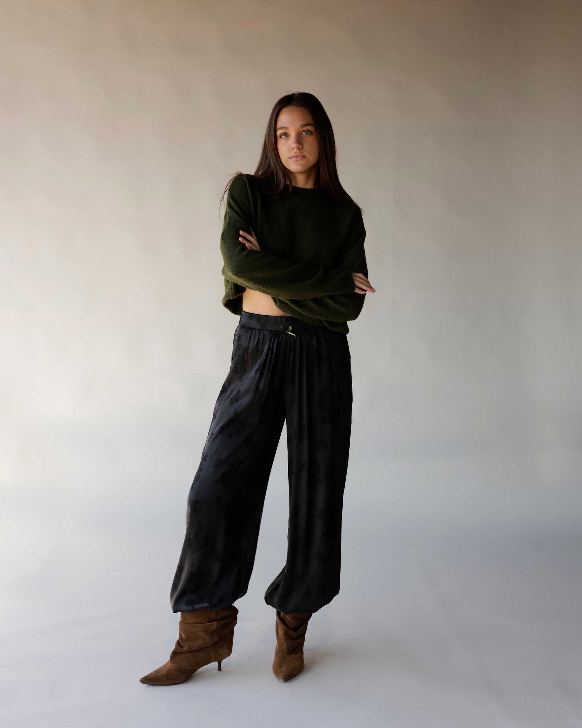 Dark olive green cropped mock neck sweater with relaxed fit and long sleeves