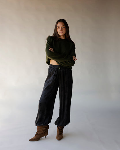 Dark olive green cropped mock neck sweater with relaxed fit and long sleeves