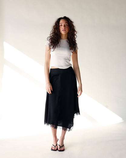 LOLA ASYMMETRIC LACE TRIM MIDI SKIRT