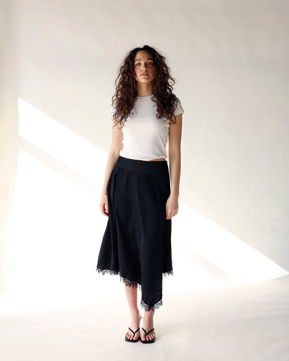 black asymmetrical midi skirt with lace hem detailing women's midi skirt