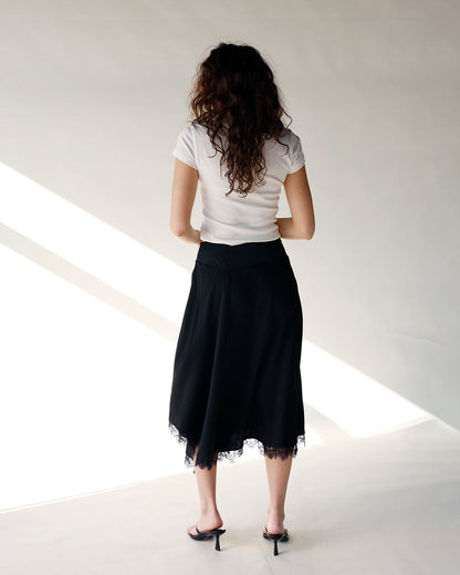 LOLA ASYMMETRIC LACE TRIM MIDI SKIRT