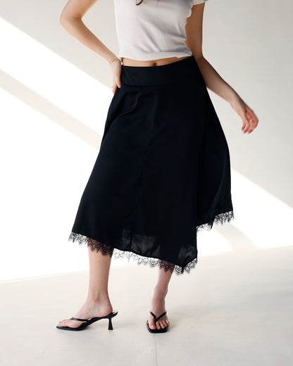LOLA ASYMMETRIC LACE TRIM MIDI SKIRT