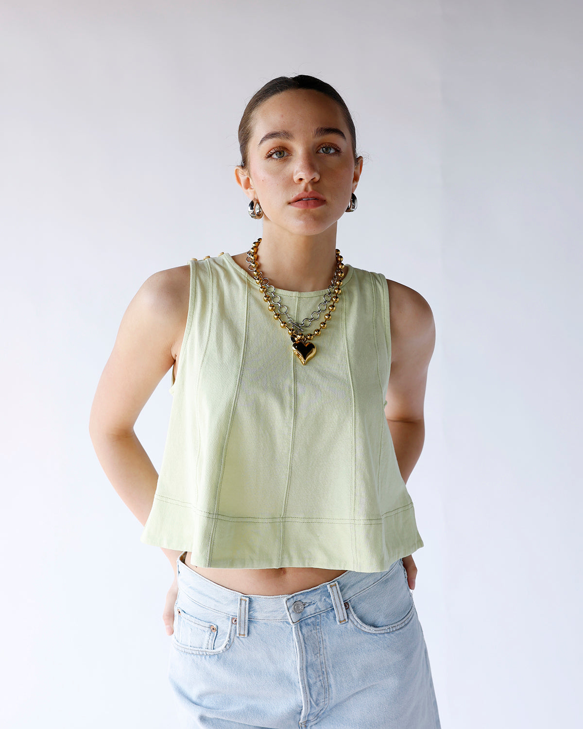 light lime green sleeveless stitching detail sleeveless top
