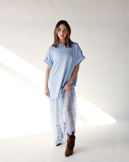 light blue tshirt maxi dress sheer lace bottom maxi dress pastel blue maxi dress