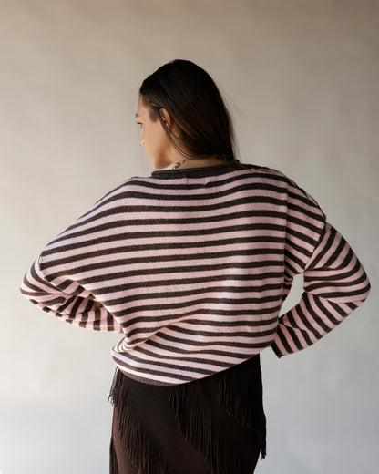Pink and brown striped oversized mock neck sweater, long sleeves, back view