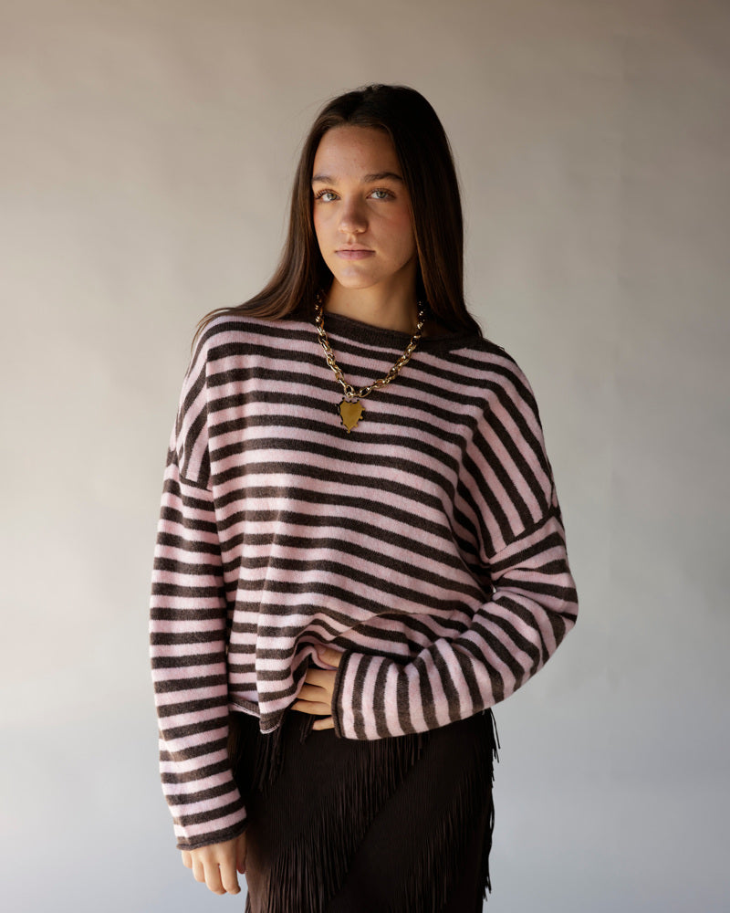Pink and brown striped mock neck cropped sweater with long sleeves