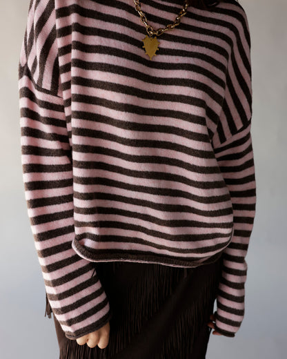 Pink and brown striped mini mock neck sweater with gold chain necklace