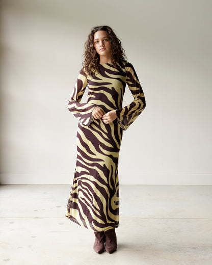 GLAM RETRO YELLOW + BROWN ZEBRA PRINT MAXI DRESS