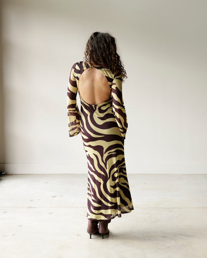 GLAM RETRO YELLOW + BROWN ZEBRA PRINT MAXI DRESS