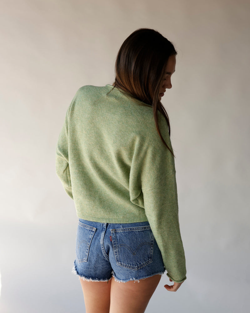 Sage green cropped mock neck sweater paired with Levi's denim cutoff shorts, back view.