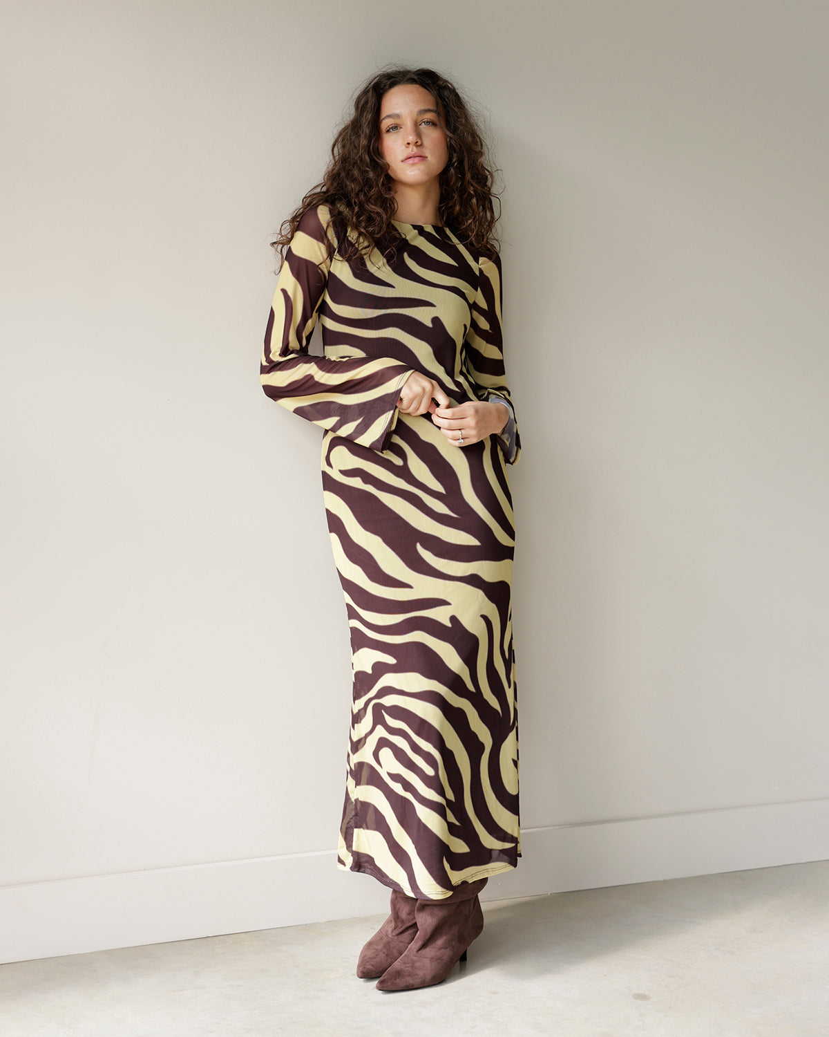 GLAM RETRO YELLOW + BROWN ZEBRA PRINT MAXI DRESS