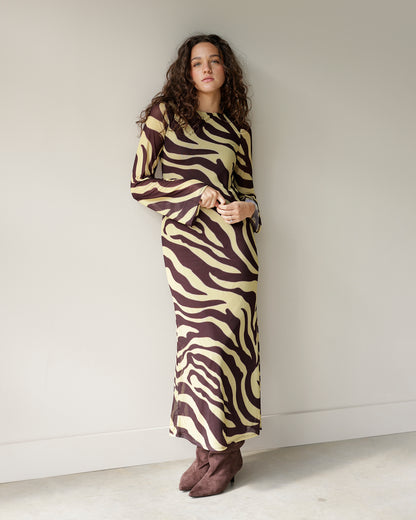 GLAM RETRO YELLOW + BROWN ZEBRA PRINT MAXI DRESS